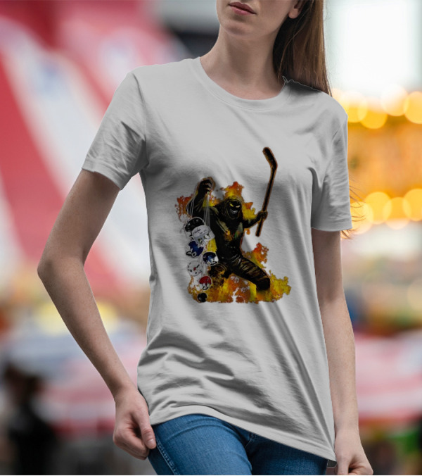 Evil Fire Hockey Player Holding Chicago Blackhawks And NHL Helmets T-Shirt