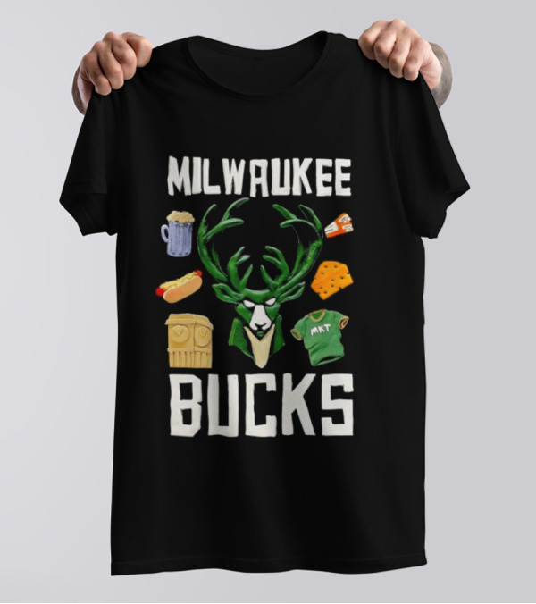 Milwaukee Bucks NBA Market Claymation Deer Cheese Hot Dog Beer T-Shirt