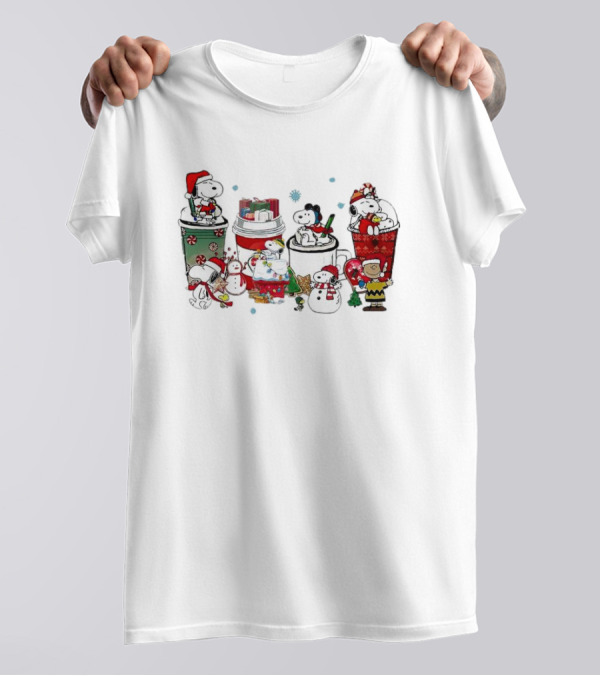 Snoopy And Friends Christmas Coffee Cups Scene Peanuts Holiday T-Shirt