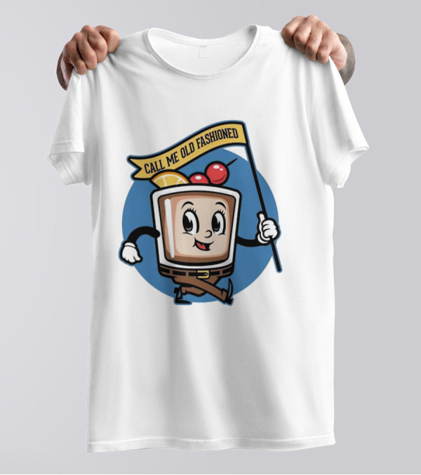 Whiskey Call Me Old Fashioned Cartoon Drink Character With Flag And Cherries T-Shirt