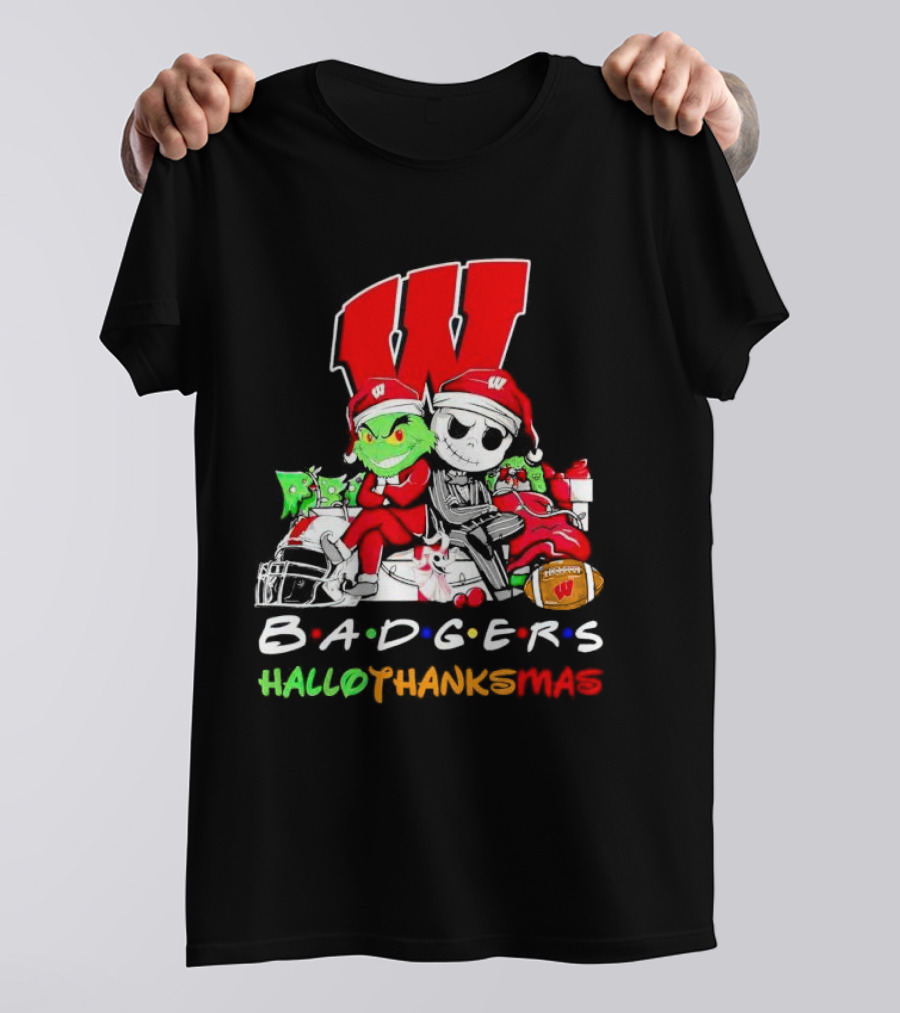 Badgers HalloThanksMas Grinch Jack Skellington Friends Football W T-Shirt