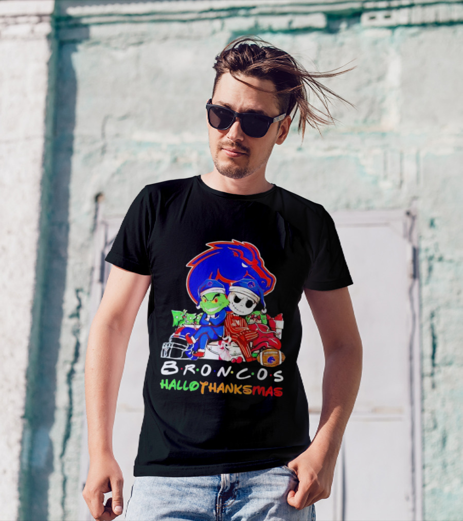Broncos HalloThanksMas Grinch And Jack Skellington Friends T-Shirt