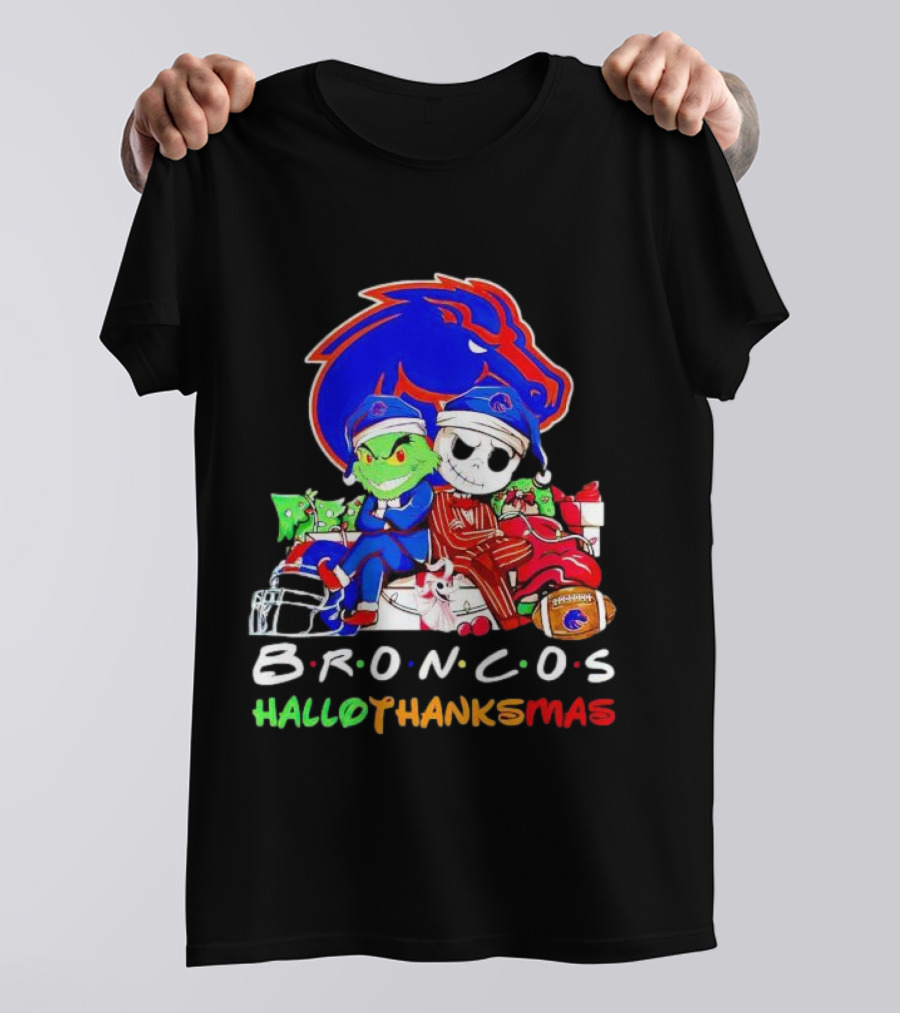 Broncos HalloThanksMas Grinch And Jack Skellington Friends T-Shirt