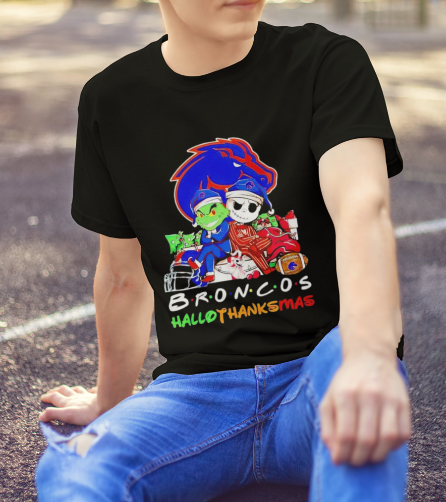 Broncos HalloThanksMas Grinch And Jack Skellington Friends T-Shirt