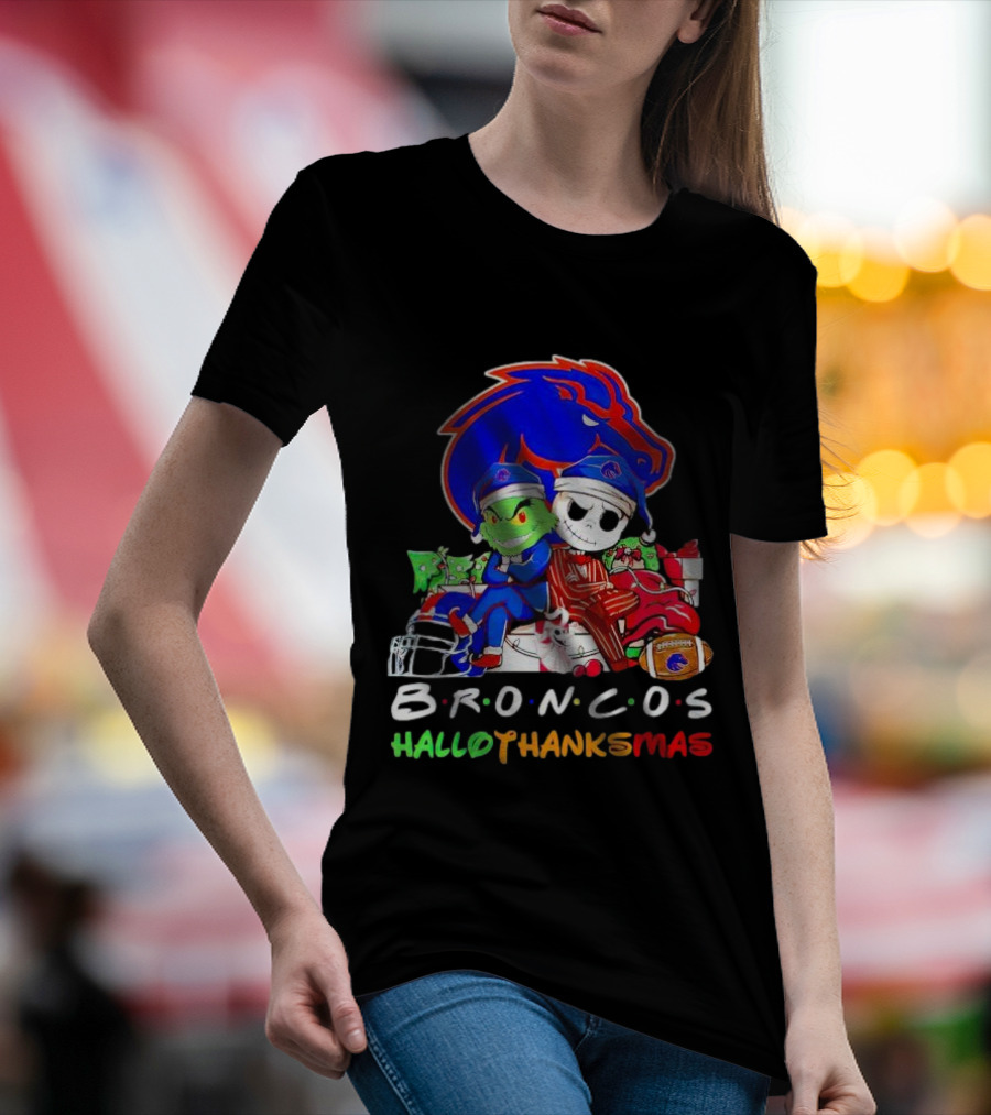 Broncos HalloThanksMas Grinch And Jack Skellington Friends T-Shirt