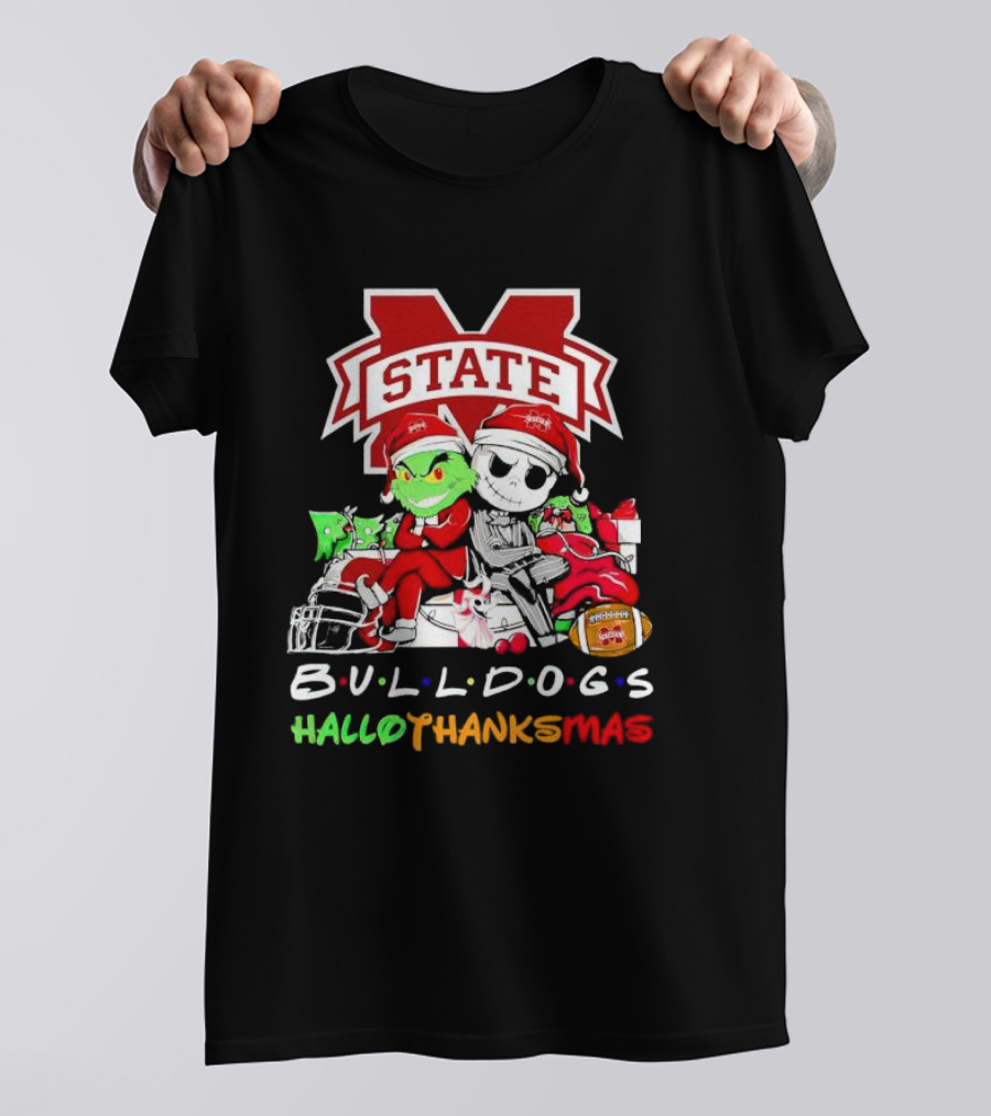 State Bulldogs Grinch And Jack Skellington HalloThanksMas T-Shirt