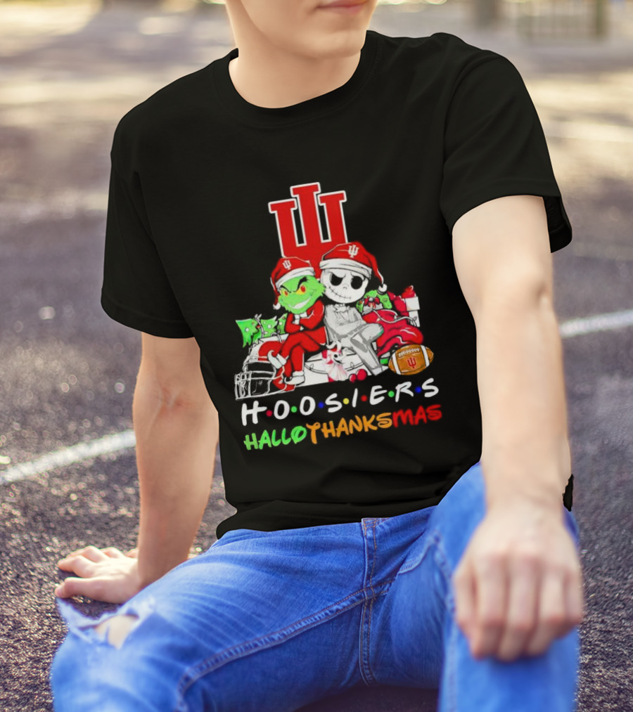 Hoosiers Grinch And Jack Skellington HalloThanksMas T-Shirt