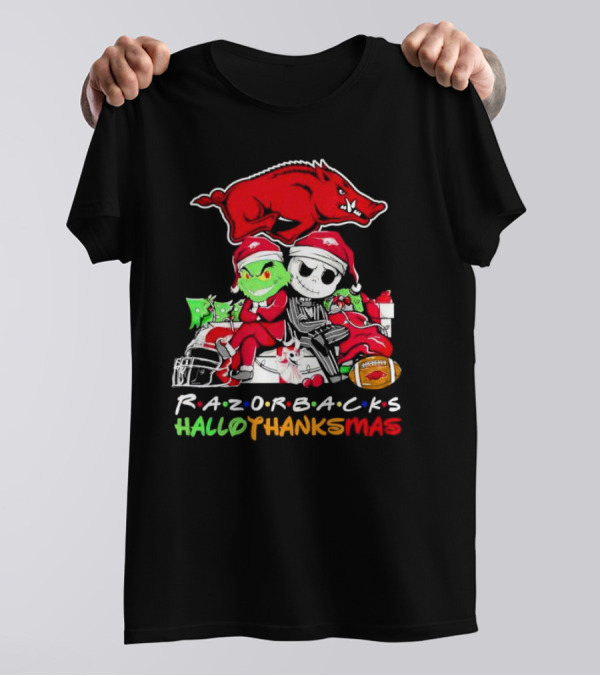 Razorbacks Grinch Jack Skellington Friends HalloThanksMas T-Shirt