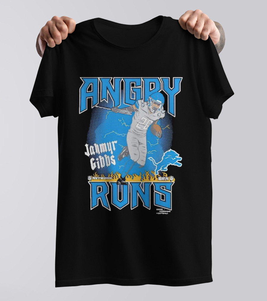 Jahmyr Gibbs Angry Runs Detroit Football Flames And Lion T-Shirt