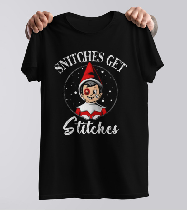 SNITCHES GET STITCHES Elf Red Hat Black Eye Snowflakes T-Shirt