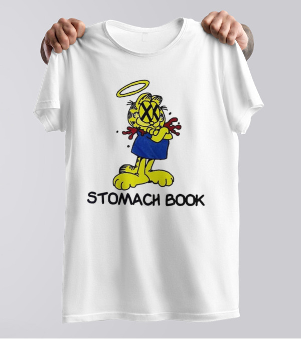 Garfield Stomach Book Angel Halo Yellow X Eyes Blue Red Blood T-Shirt