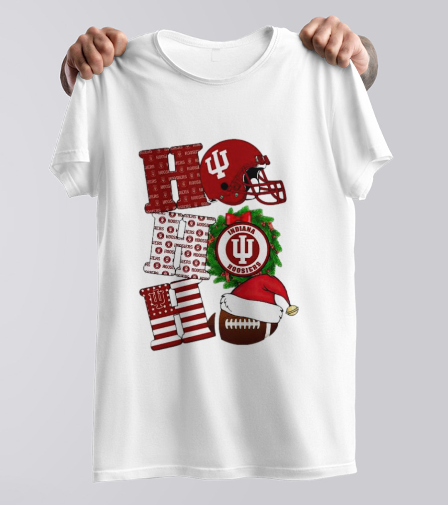 Indiana Hoosiers Christmas Ho Ho Ho Football Helmet Wreath Santa Hat T-Shirt