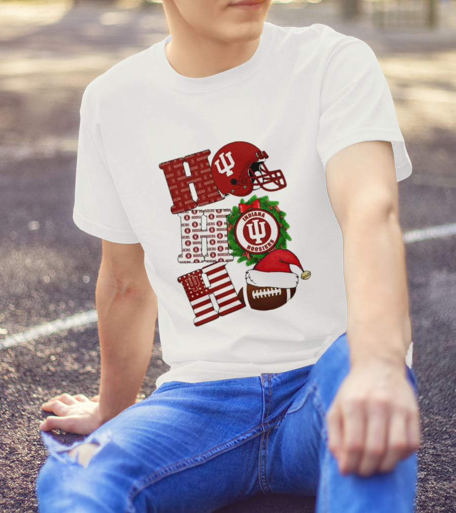 Indiana Hoosiers Christmas Ho Ho Ho Football Helmet Wreath Santa Hat T-Shirt