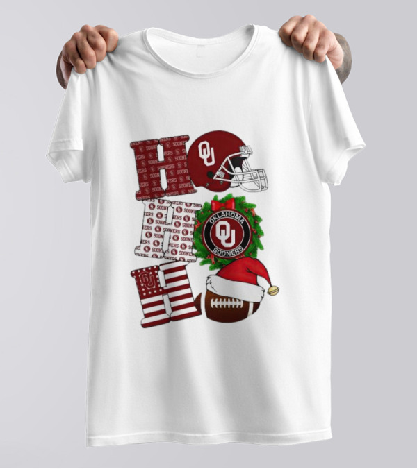 Oklahoma Sooners OU Helmet Wreath Football Santa Ho Ho Ho Christmas T-Shirt