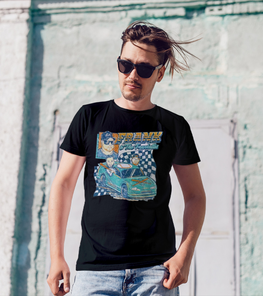 Frank And The Frankettes Racing Car Adventure With Checkered Flags And Cartoon Characters T-Shirt