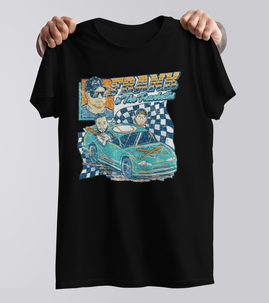 Frank And The Frankettes Racing Car Adventure With Checkered Flags And Cartoon Characters T-Shirt
