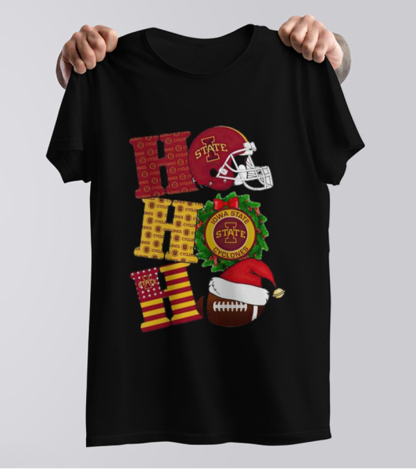 Iowa State Cyclones Christmas Football Helmet And Wreath Ho Ho Ho T-Shirt