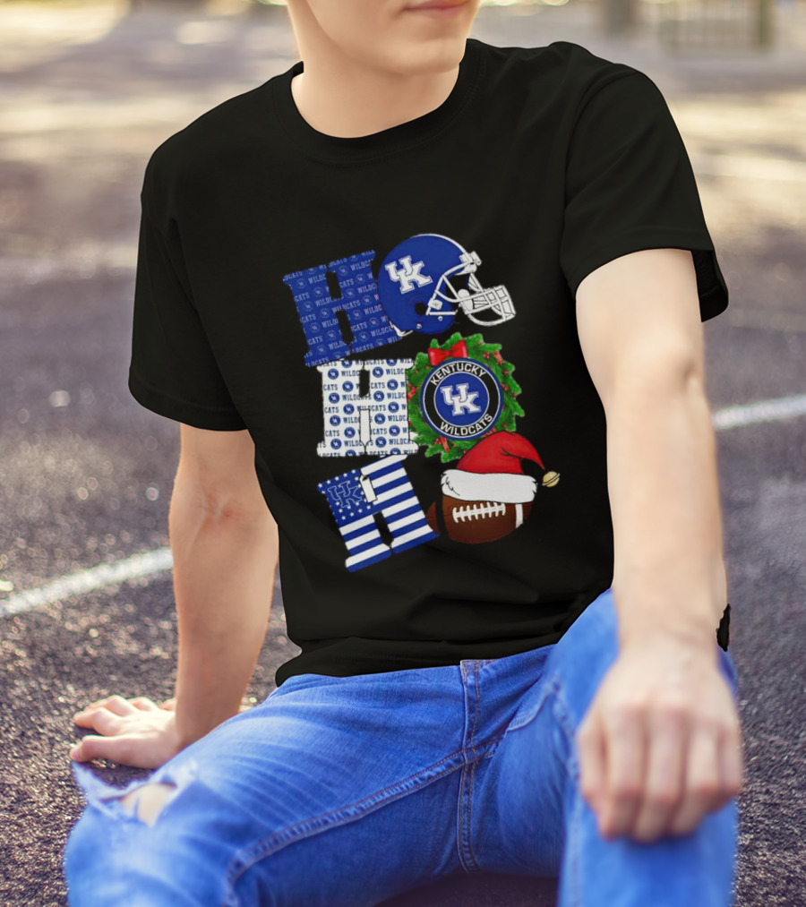 Kentucky Wildcats Ho Ho Ho Football Helmet Wreath Christmas T-Shirt
