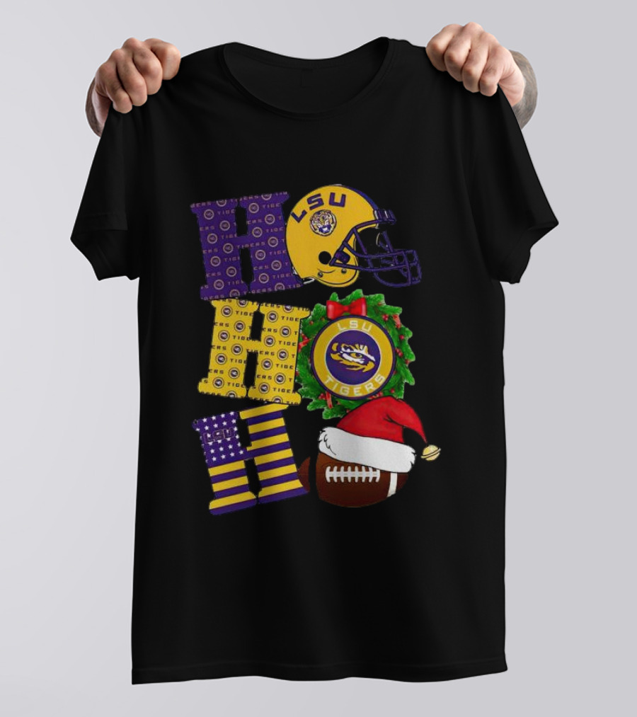 LSU Tigers Christmas Helmet Wreath Football Ho Ho Ho T-Shirt