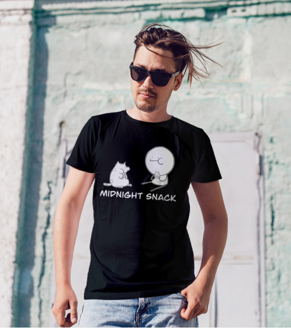 MIDNIGHT SNACK Cat And Stick Figure Eating Pizza T-Shirt