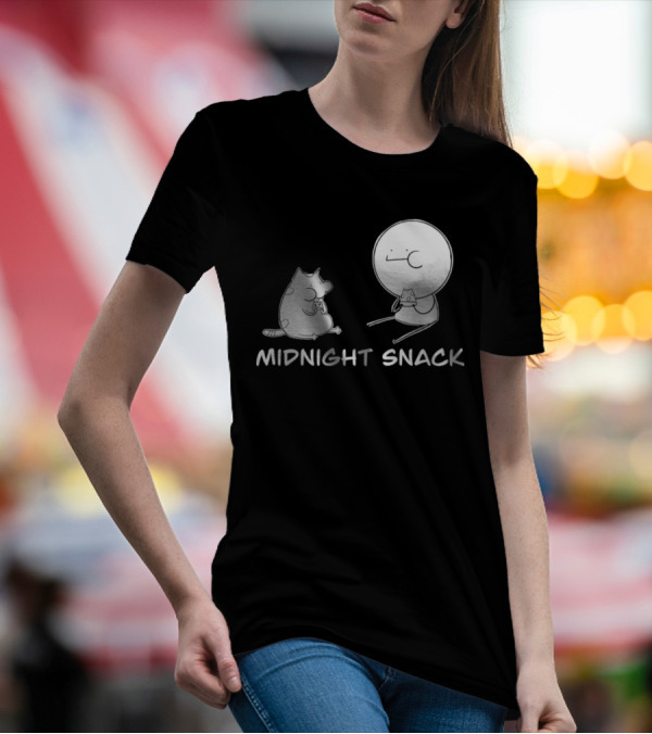 MIDNIGHT SNACK Cat And Stick Figure Eating Pizza T-Shirt