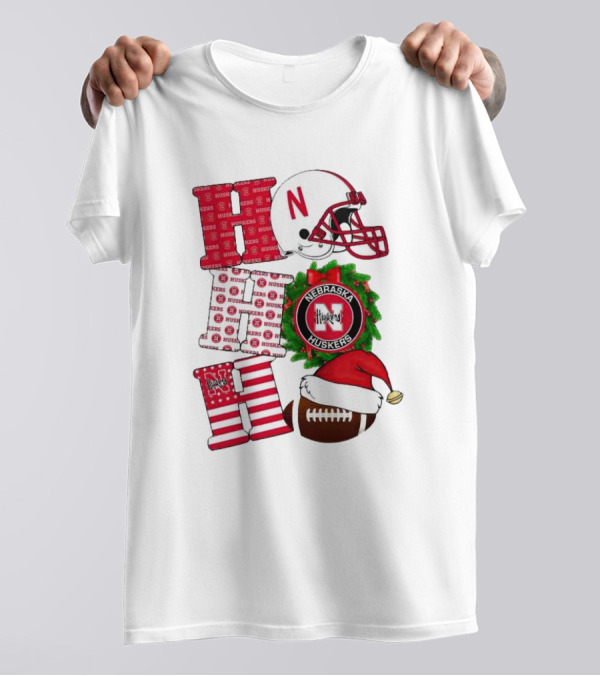 Nebraska Cornhuskers Ho Ho Ho Christmas Football Helmet Wreath Santa Hat Football T-Shirt