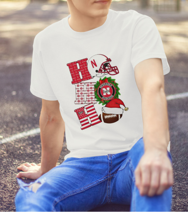 Nebraska Cornhuskers Ho Ho Ho Christmas Football Helmet Wreath Santa Hat Football T-Shirt