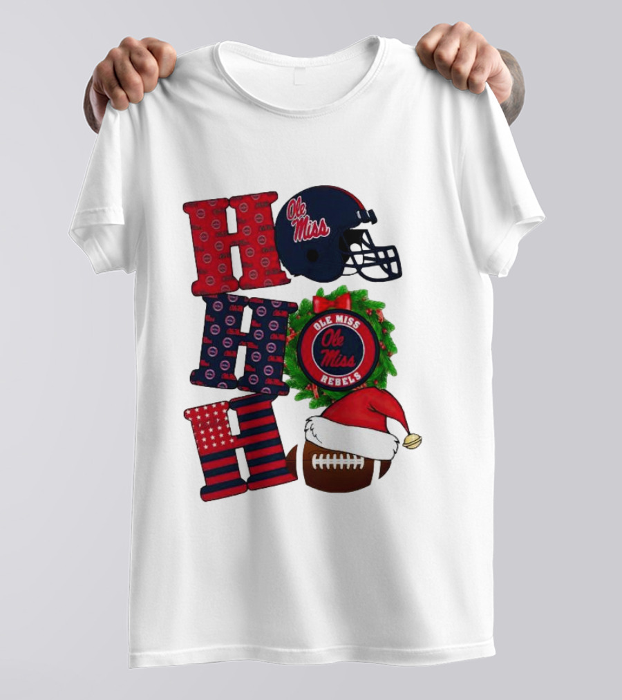 Ole Miss Rebels Christmas Football Helmet Wreath Ho Ho Ho T-Shirt