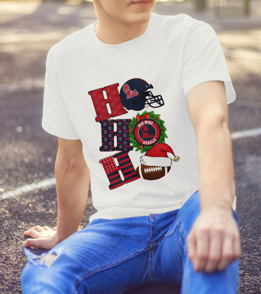 Ole Miss Rebels Christmas Football Helmet Wreath Ho Ho Ho T-Shirt