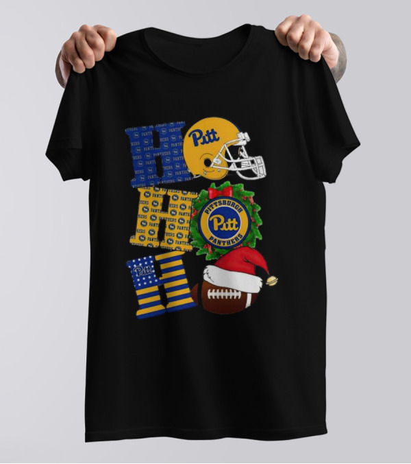 Pitt Panthers Christmas Helmet Wreath Football Ho Ho Ho T-Shirt