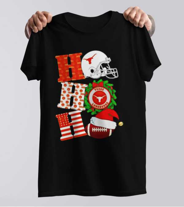 Texas Longhorns Ho Ho Ho Christmas Football Helmet Wreath Santa Hat T-Shirt
