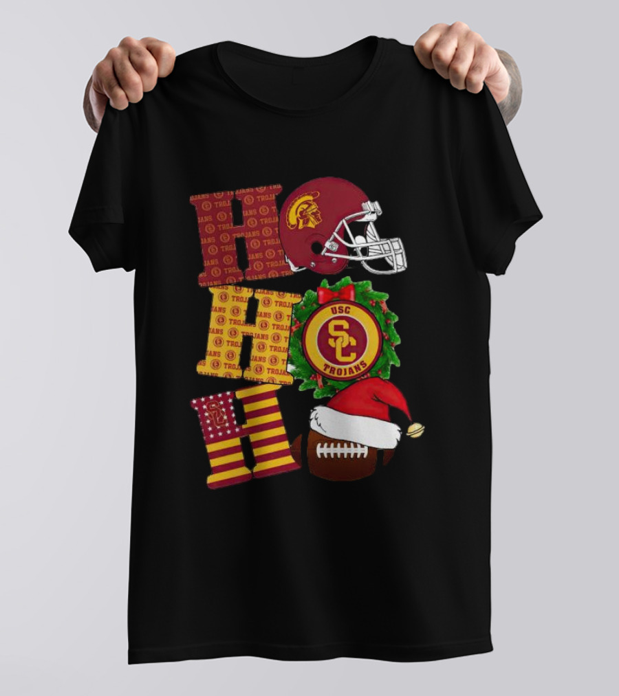 USC Trojans Ho Ho Ho Christmas Helmet Wreath Football Santa Hat T-Shirt