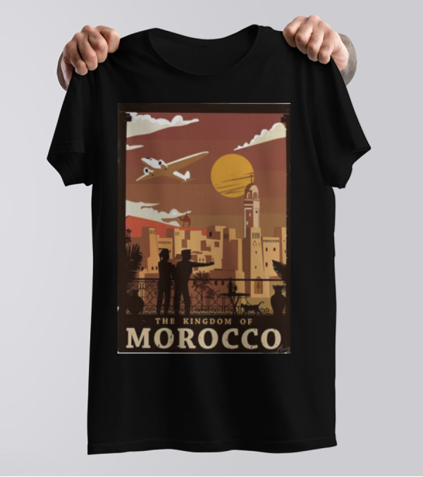 The Kingdom Of Morocco Skyline View With Airplane And Sunset Scene T-Shirt