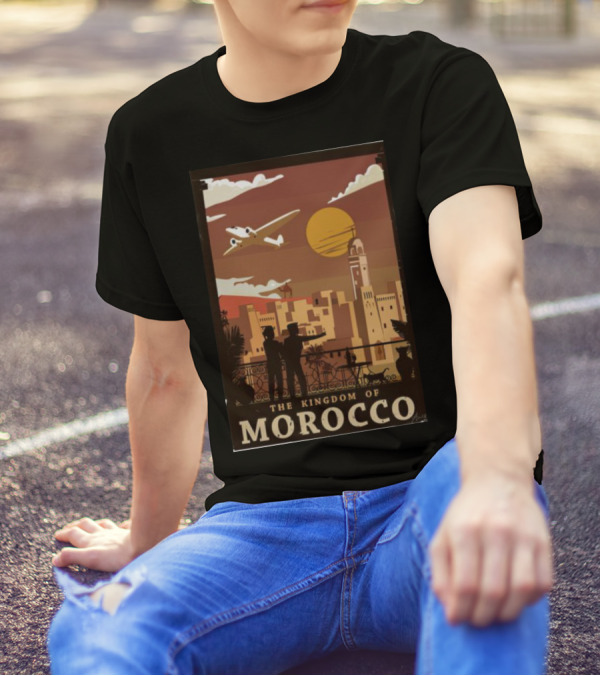 The Kingdom Of Morocco Skyline View With Airplane And Sunset Scene T-Shirt