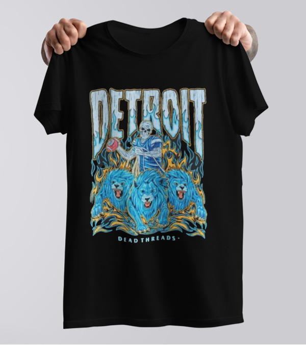 Detroit Dead Threads Football Skeleton And Blue Lions T-Shirt