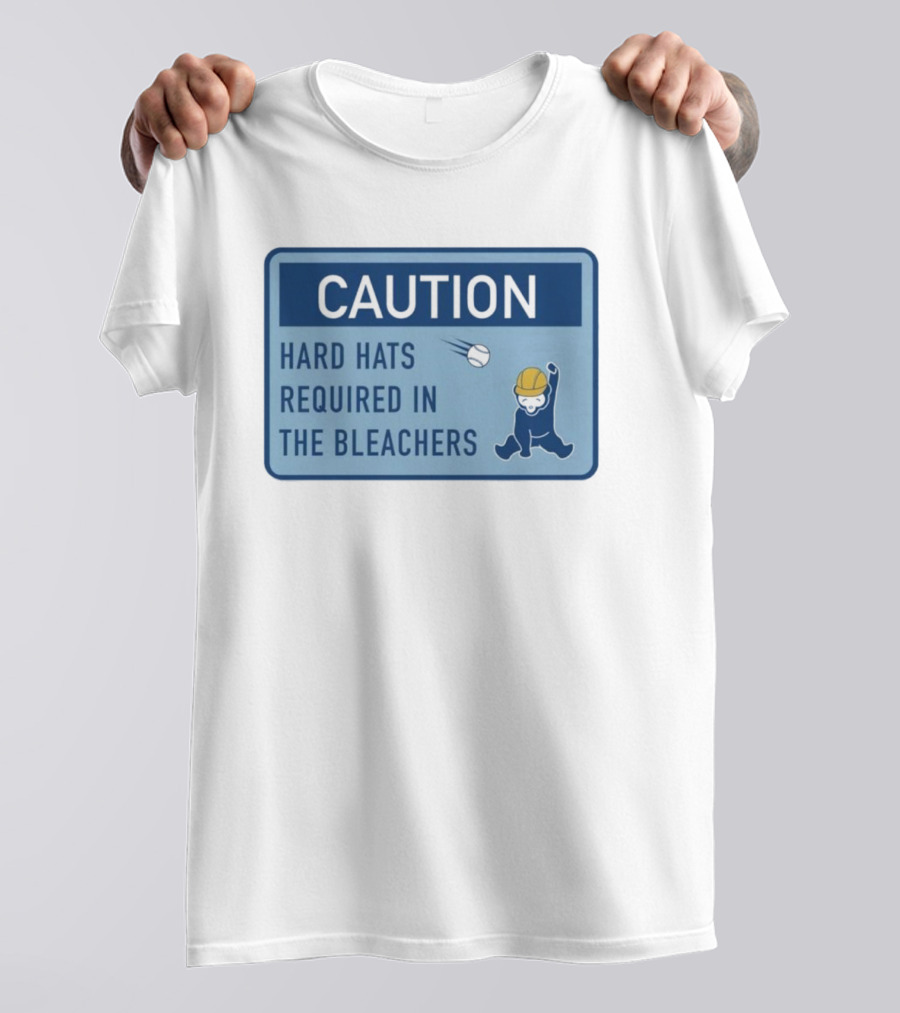 Caution: Hard Hats Required In The Bleachers With Cartoon Worker And Falling Object T-Shirt