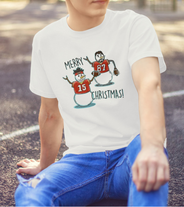 Merry Christmas Mahomes Snowman 15 And 87 Kansas City Football Chiefsmas T-Shirt