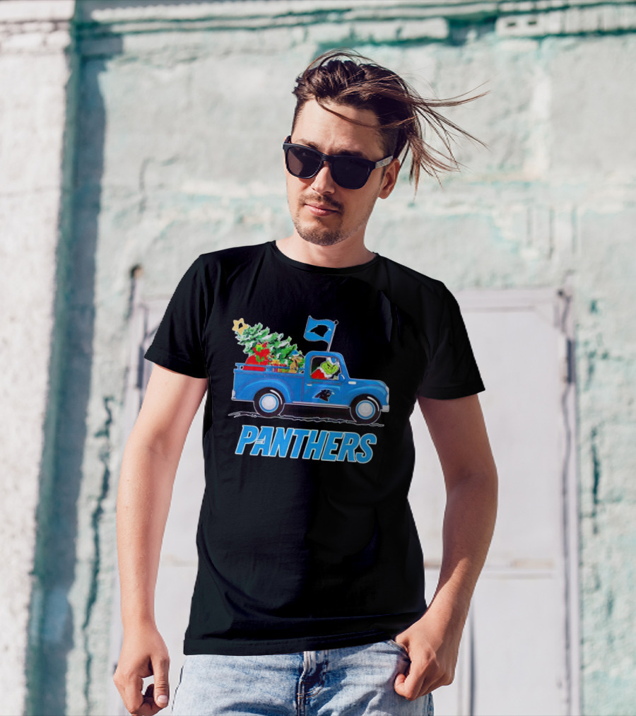 Grinch In Blue Christmas Truck With Carolina Panthers Logo And Tree T-Shirt