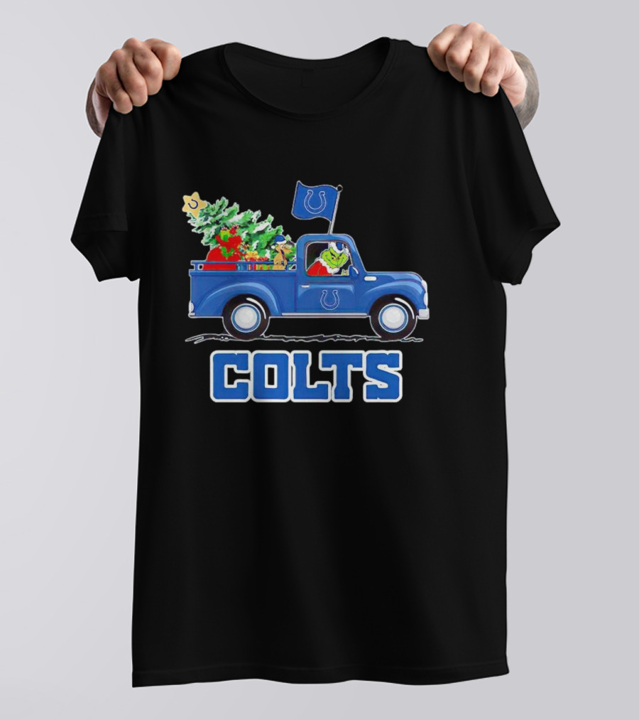 Grinch Driving Christmas Truck With Indianapolis Colts Logo And Tree T-Shirt