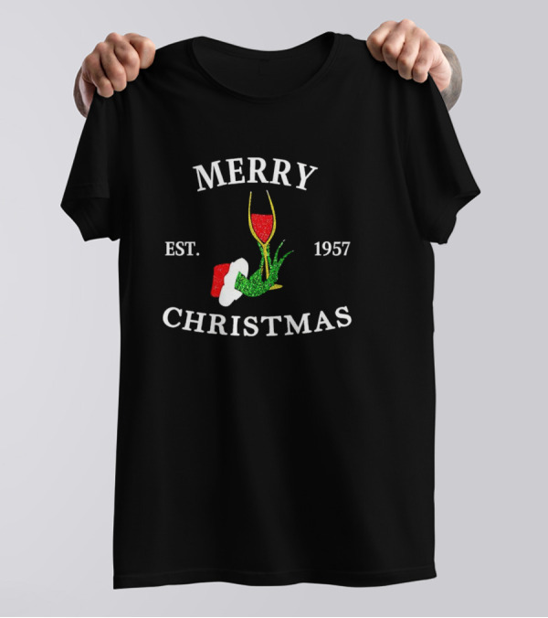 Merry Christmas Grinch Hand Wine Glass Est 1957 T-Shirt