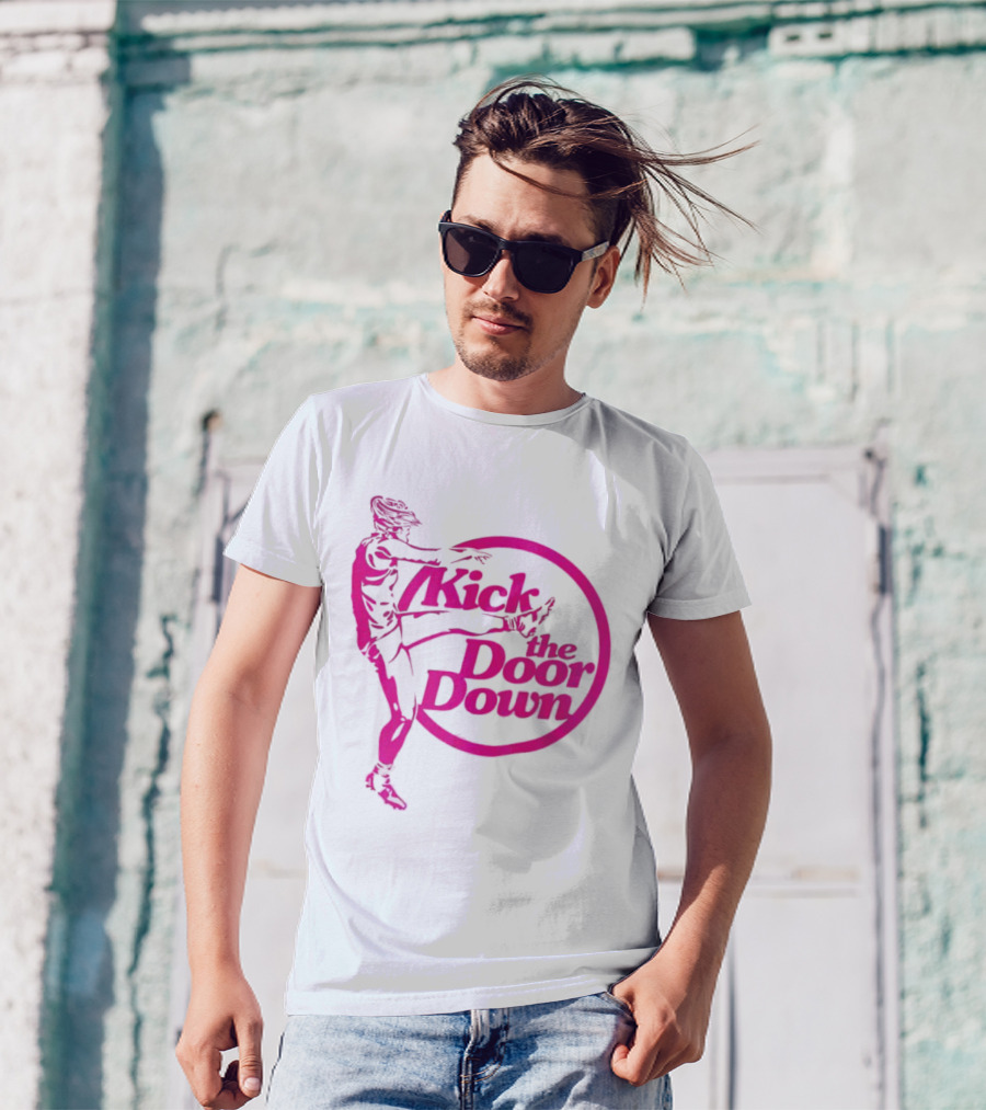 Kick The Door Down Pink Circle Footballer Kicker T-Shirt