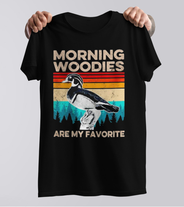 Morning Woodies Are My Favorite Vintage Duck Silhouette Retro Stripes Forest Pines T-Shirt