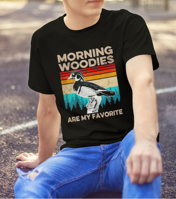 Morning Woodies Are My Favorite Vintage Duck Silhouette Retro Stripes Forest Pines T-Shirt