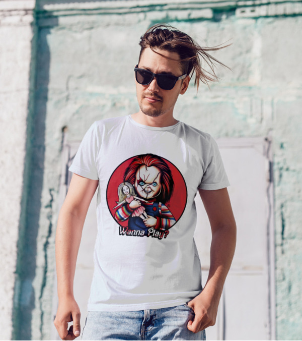 Chucky Holding Doll With Wanna Play? Text In Red Circle T-Shirt