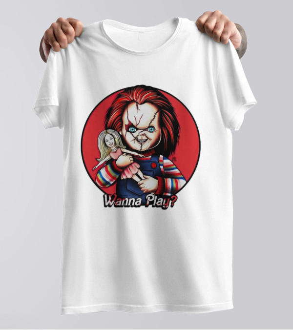 Chucky Holding Doll With Wanna Play? Text In Red Circle T-Shirt