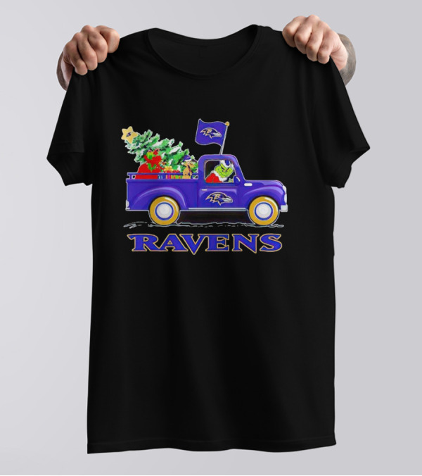 Grinch Driving Baltimore Ravens Christmas Truck T-Shirt