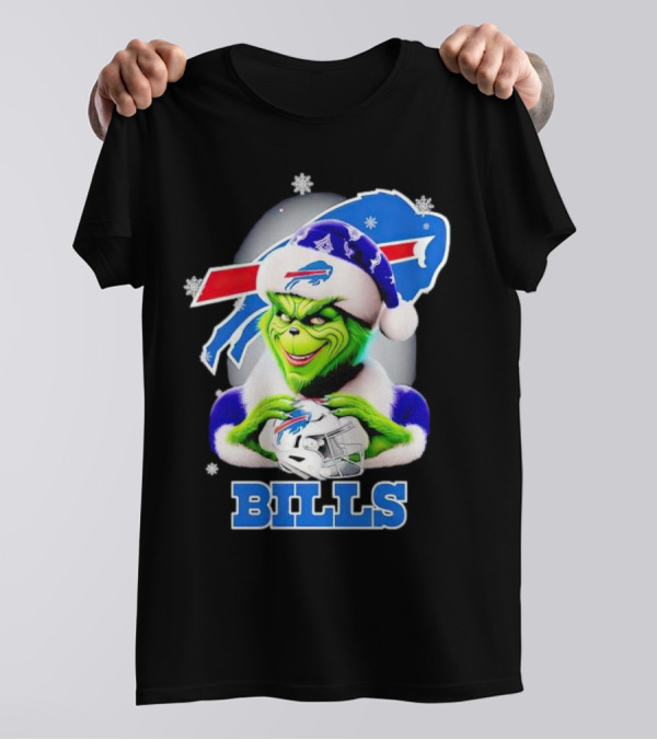 Grinch Love Buffalo Bills Christmas Santa Hat Snowflakes T-Shirt