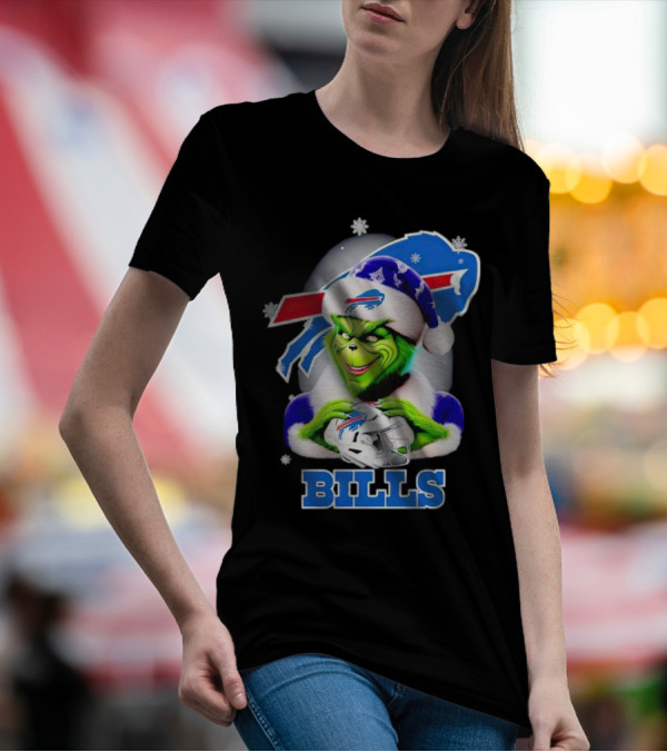 Grinch Love Buffalo Bills Christmas Santa Hat Snowflakes T-Shirt