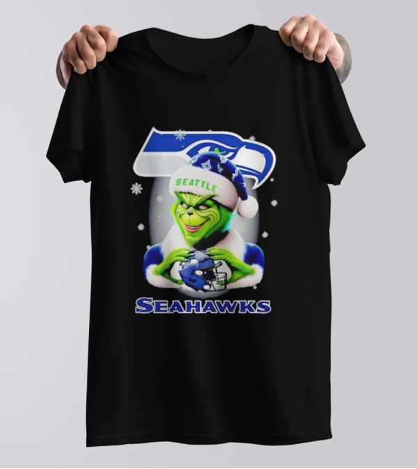 Seattle Seahawks Christmas Grinch Holding Football Helmet T-Shirt
