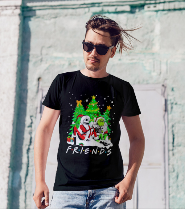 Friends Jack Skellington And Grinch Christmas Scene With Santa Outfits And Christmas Trees T-Shirt